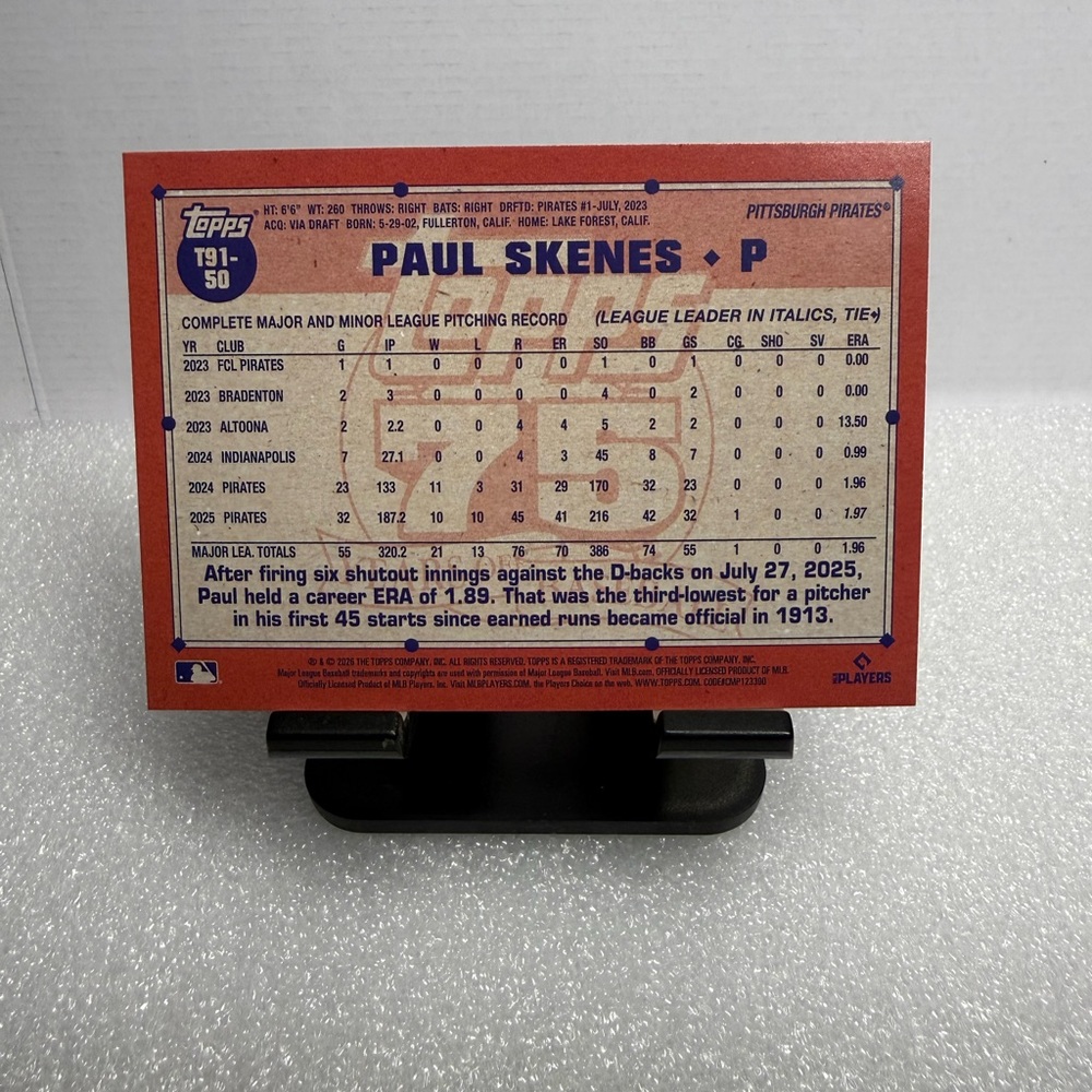 Paul Skenes 2026 Topps Series 1 Paul Skenes Silver Crackle 1991 Topps #T91-50 - Picture 5 of 7